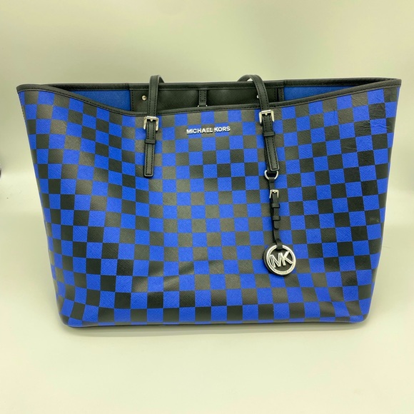 Michael Kors Handbags - Rare Michael Kors Black/Blue Large Saffiano Leather Jet Set Checkered Tote